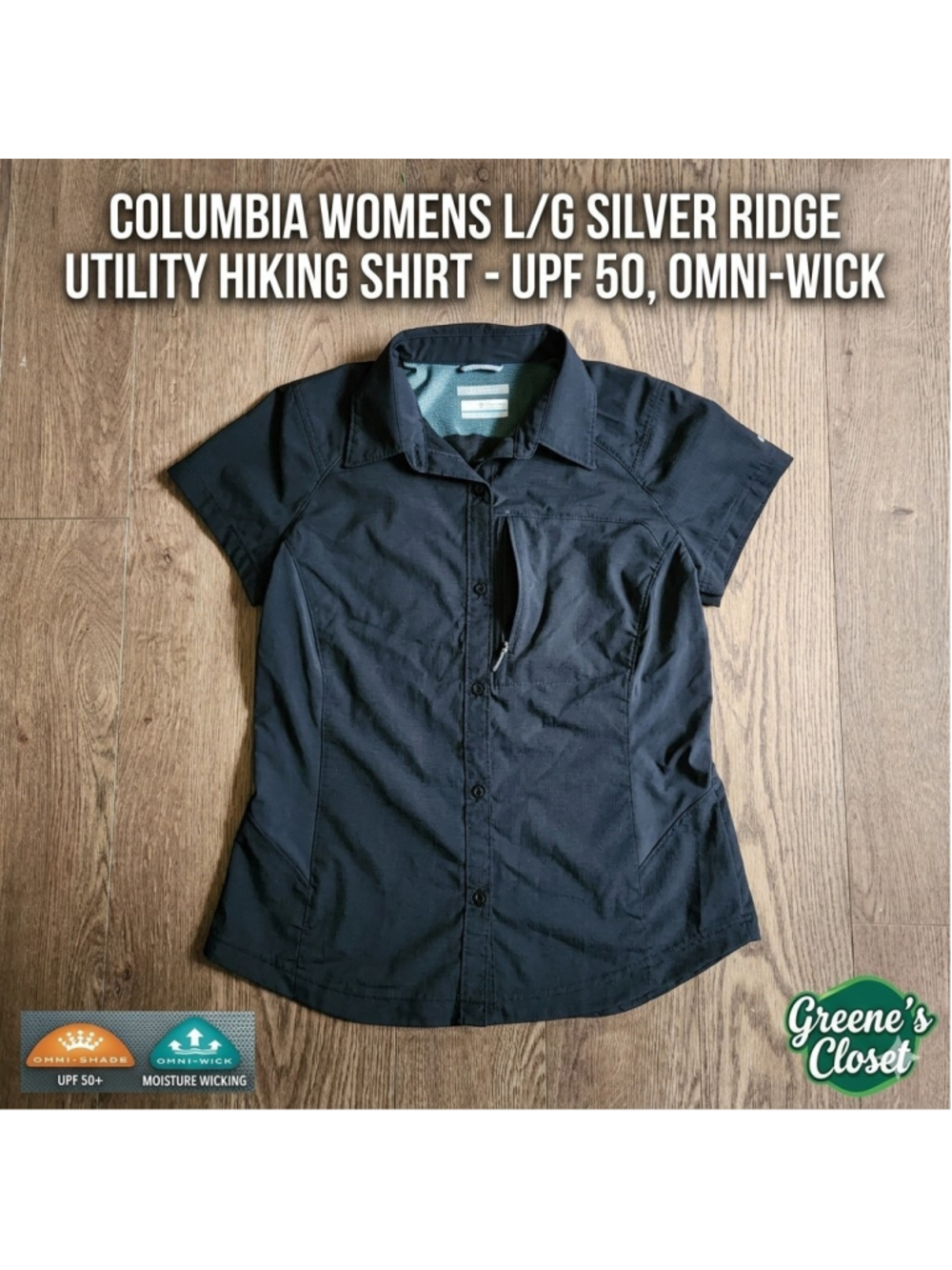 Columbia Womens Large Black Omni-Shade Silver Ridge Utility Hiking Shirt L/G
